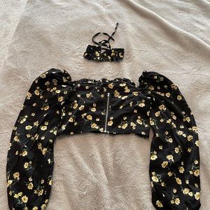 Floral Chiffon Women  Long Sleeve Shirt Spring Female Fashion Slim Crop Tops